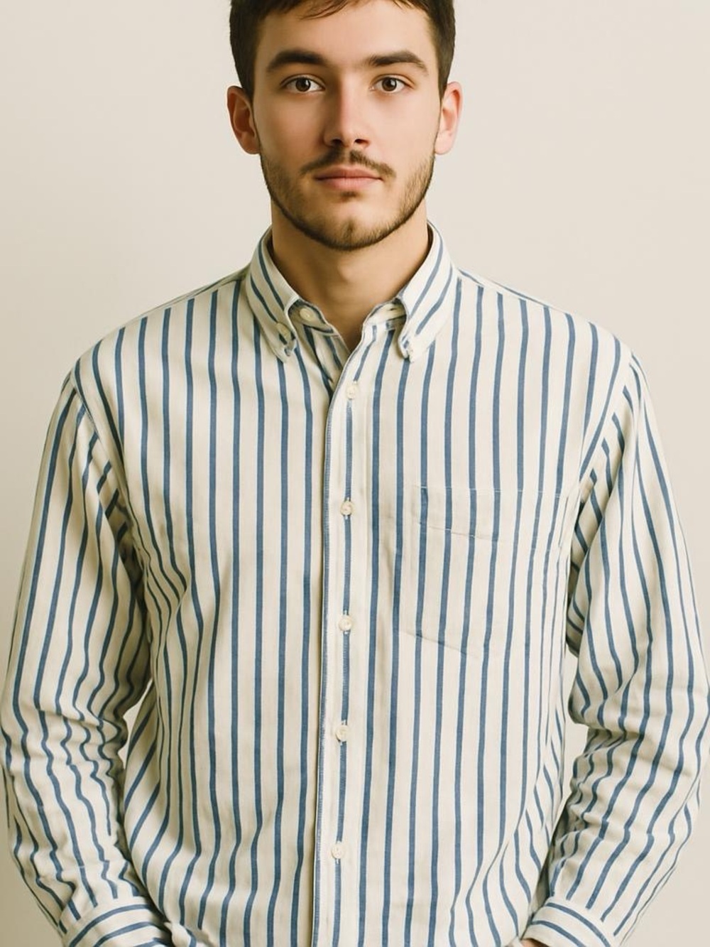 Checkpoint Men's White and Navy Striped Button-Down Cotton Shirt Size L